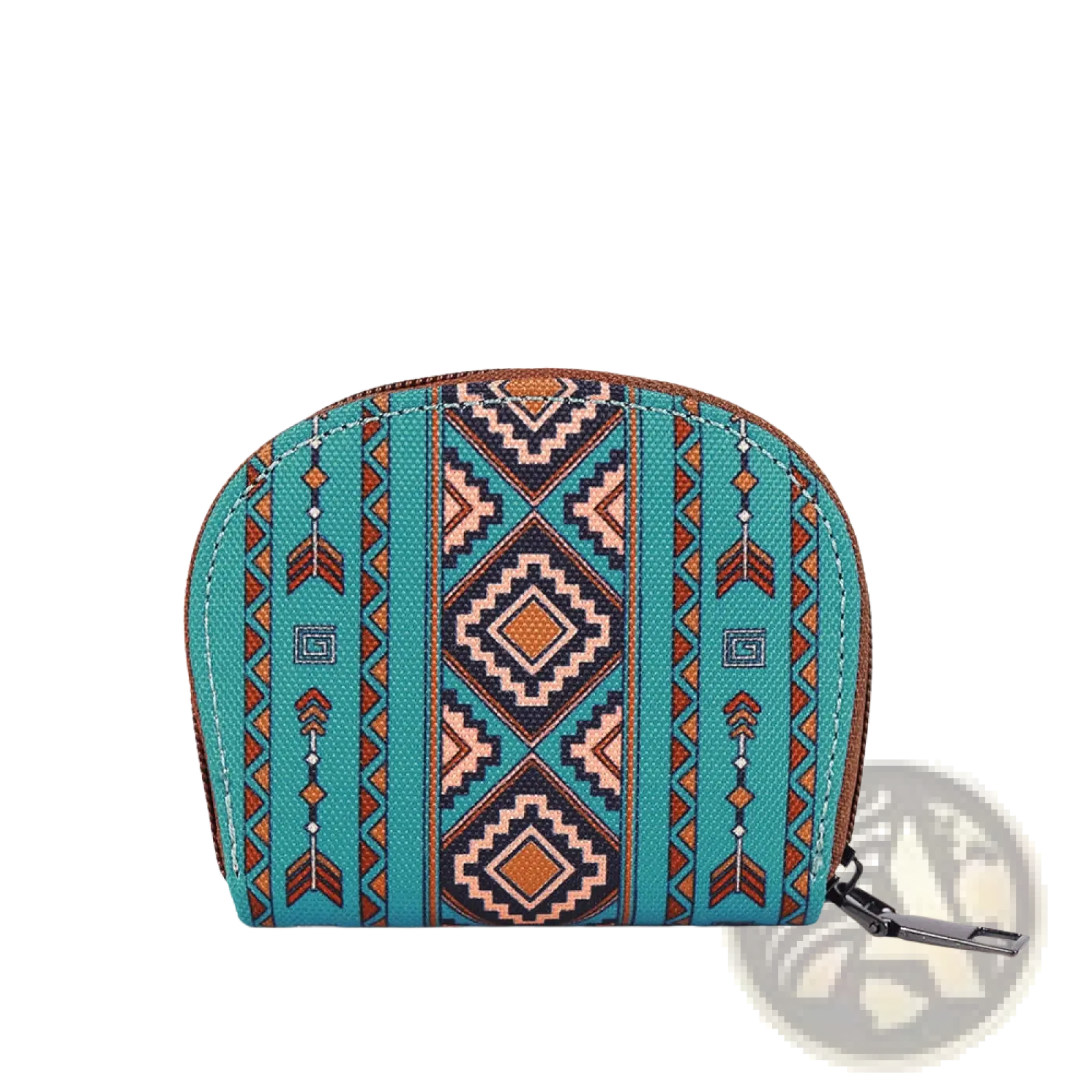 Woven geometric card wallet and portable coin purse in turquoise and brown with zipper closure and geometric pattern