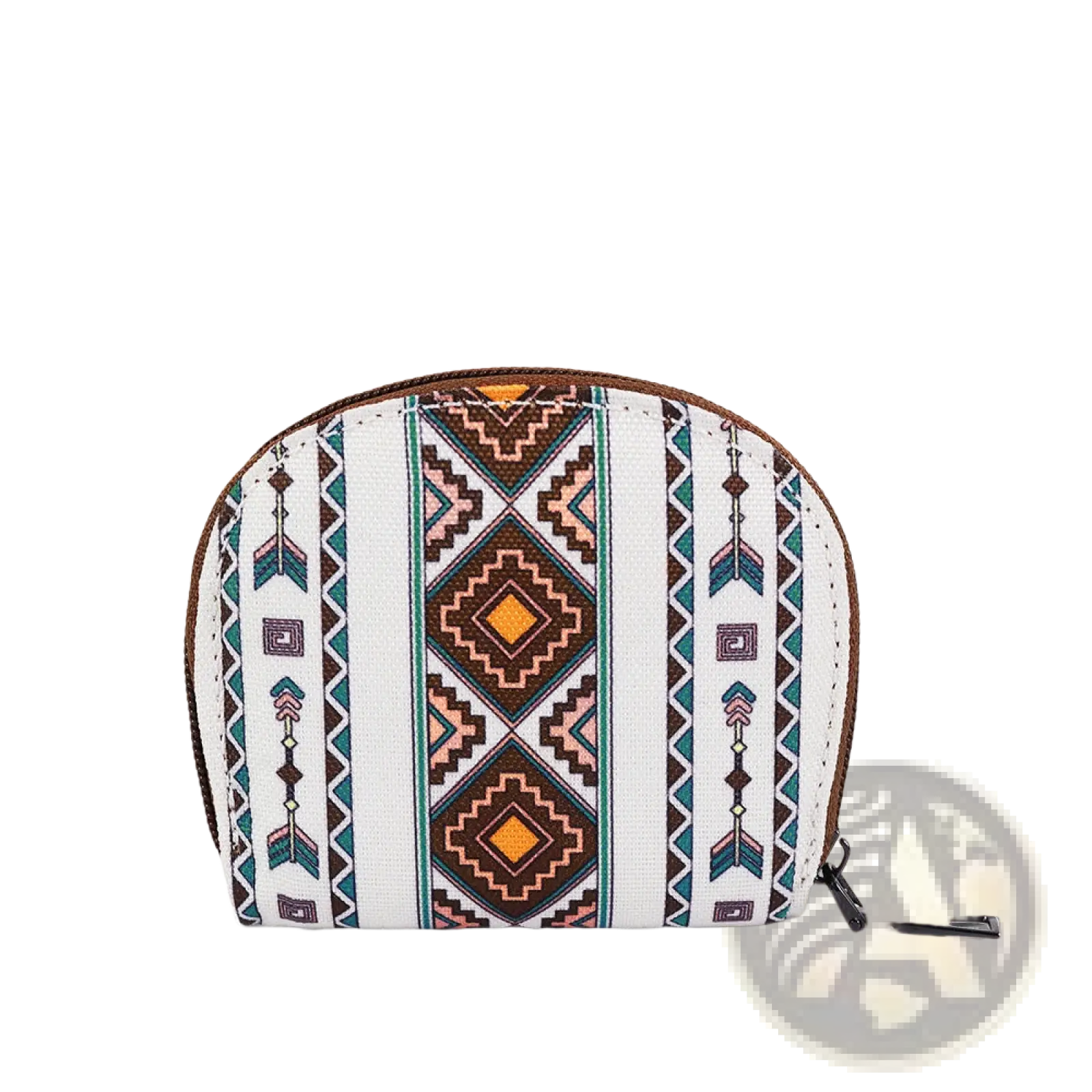 A compact white woven geometric card wallet and portable coin purse with teal brown and orange fabric accents