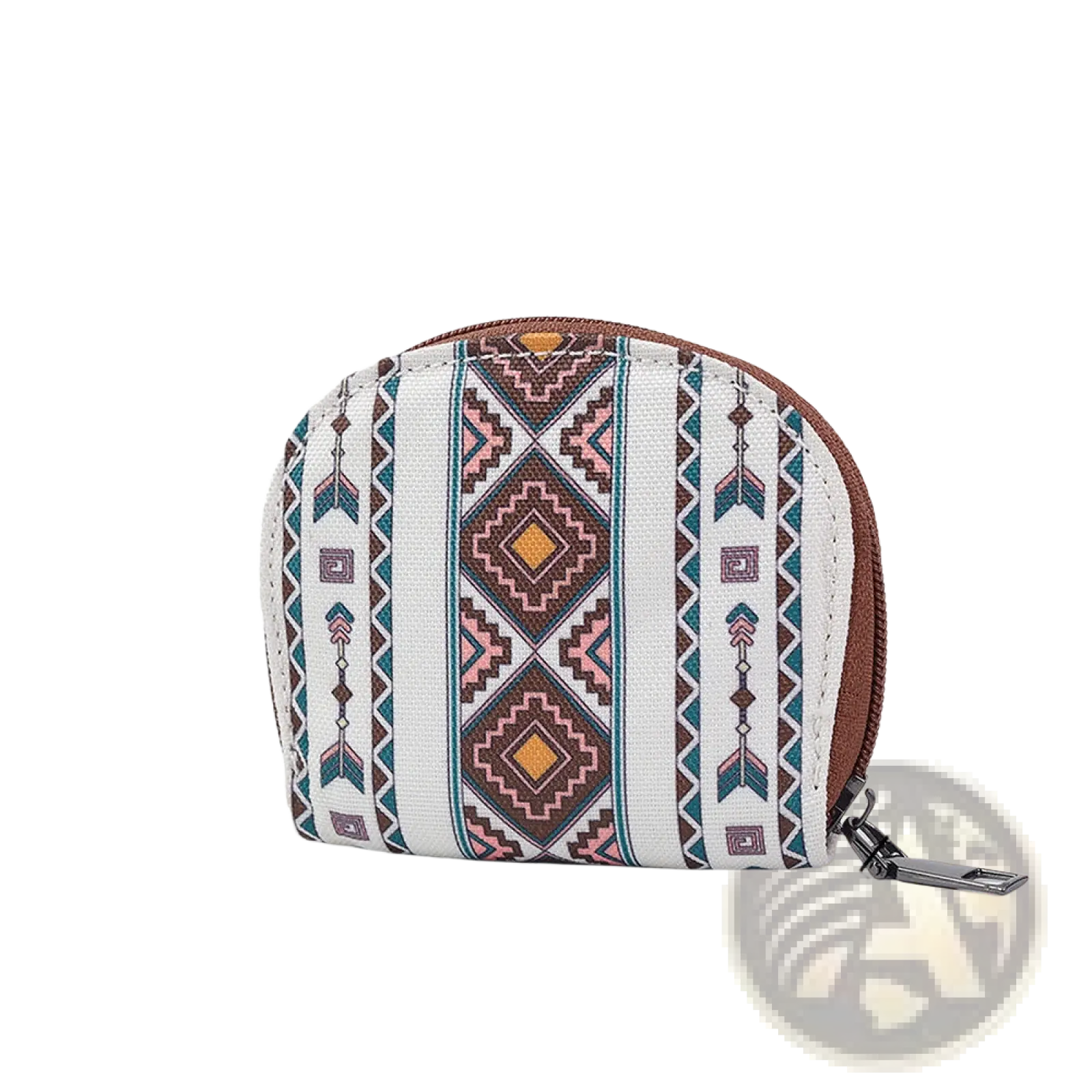 Woven geometric card wallet and portable coin purse in white fabric with pink brown teal geometric pattern and brown zipper
