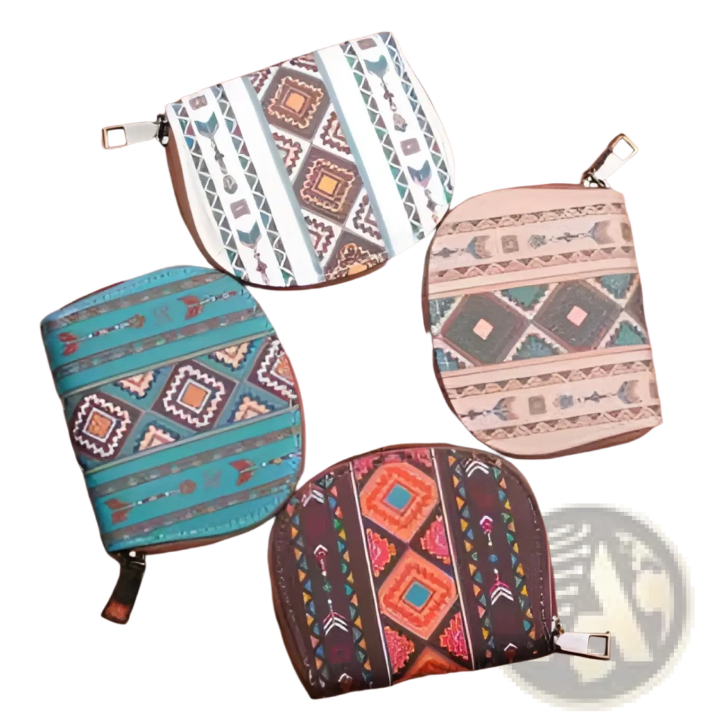 Four small woven geometric card wallets and portable coin purses in teal brown orange and beige with zippered closures