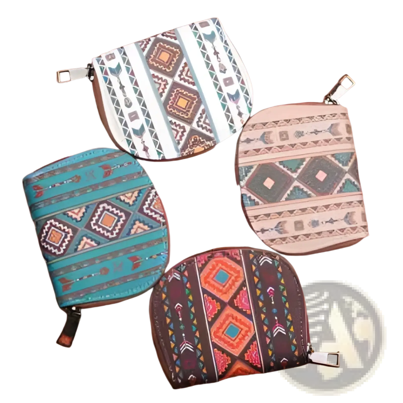 Four small woven geometric card wallets and portable coin purses in teal brown orange and beige with zippered closures