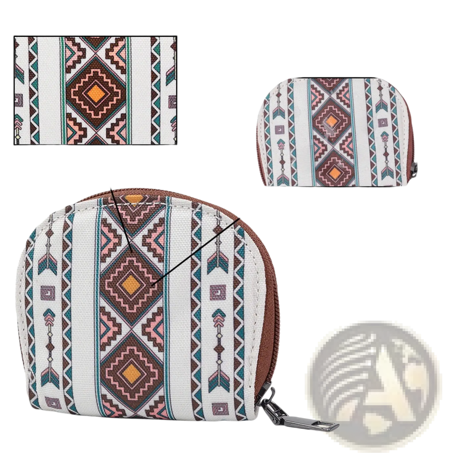 A white waterproof woven geometric card wallet and portable coin purse with vibrant brown teal and orange accents