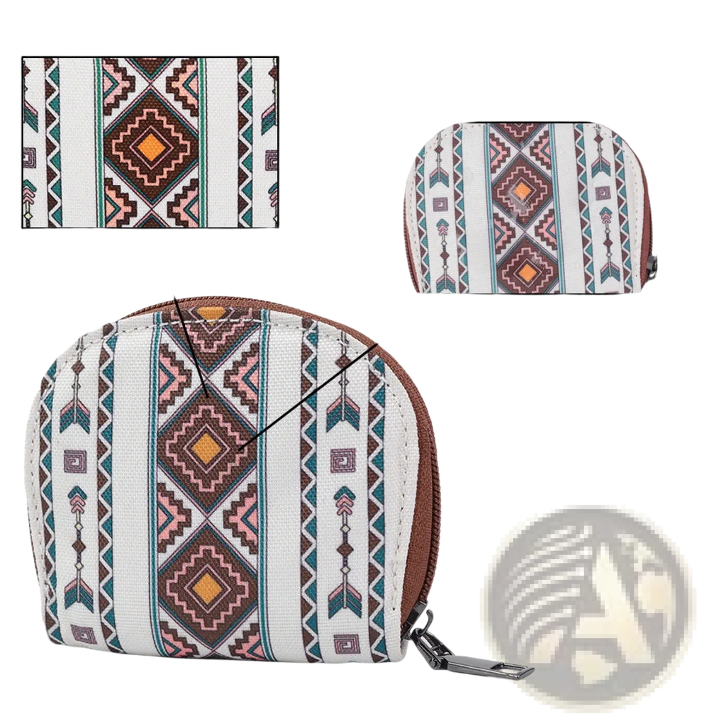 A white waterproof woven geometric card wallet and portable coin purse with vibrant brown teal and orange accents