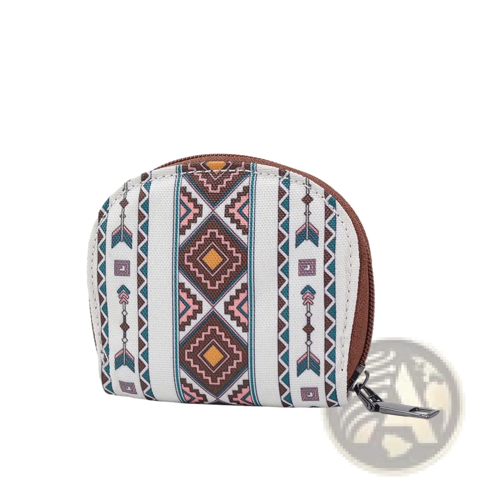 A compact white fabric woven geometric card wallet and portable coin purse with vibrant teal pink brown pattern and brown zipper