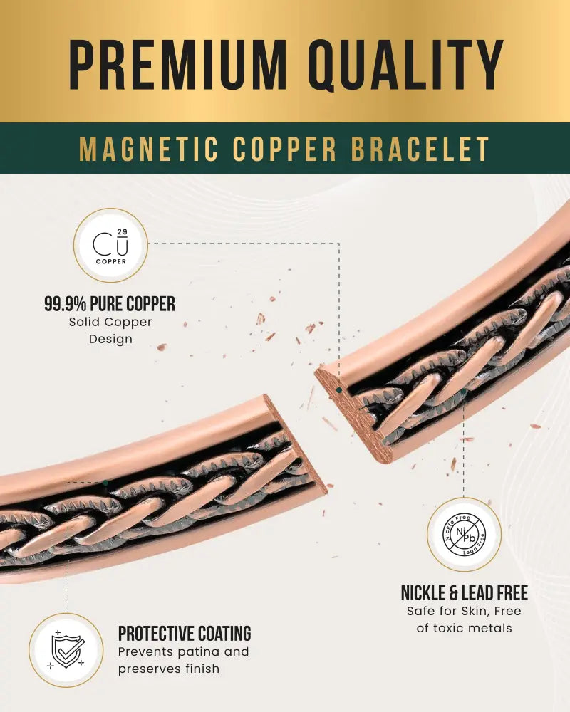 A braided magnetic copper therapy bangle bracelet with polished rose gold finish and intricate woven design