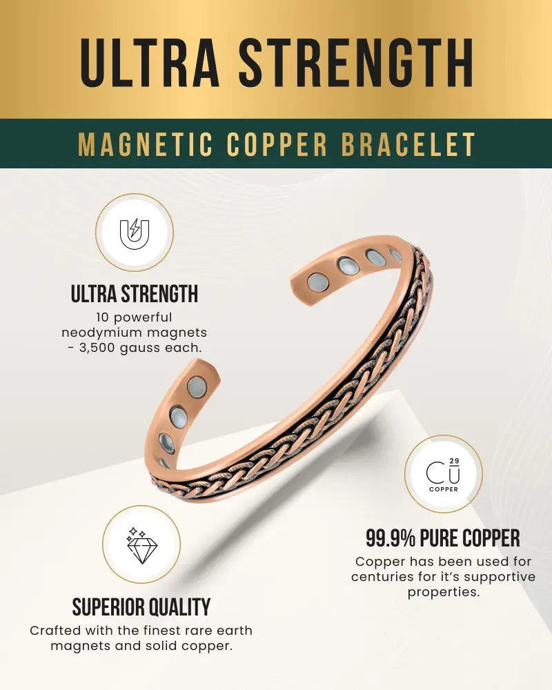 Woven copper magnetic therapy bangle bracelet featuring a braided pattern with ten embedded neodymium magnets