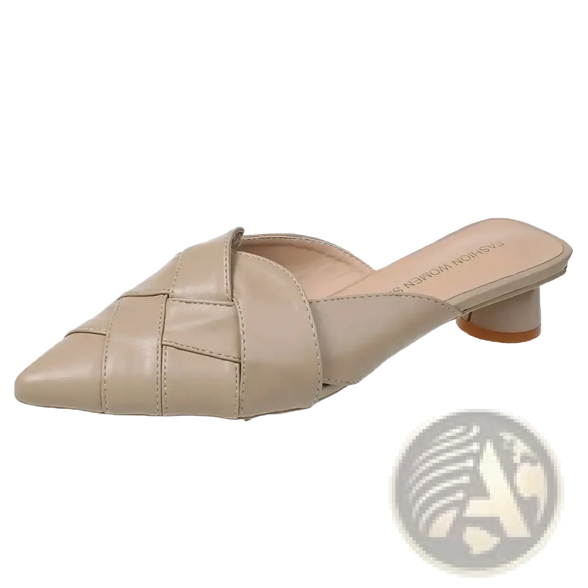 Beige leather pointed toe mule with woven strap design and low block heel for stylish casual wear