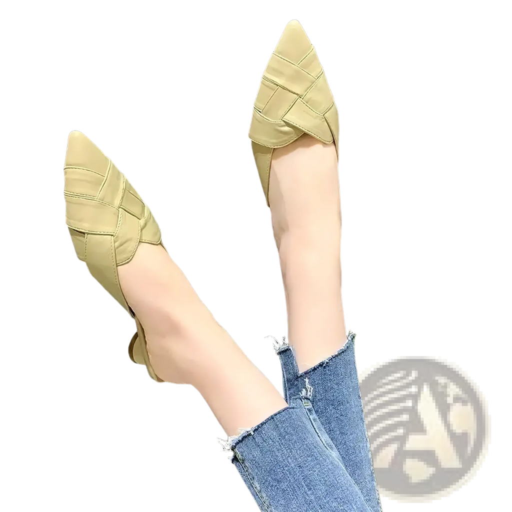 Beige woven leather pointed toe mules featuring a subtle heel for stylish and comfortable wear
