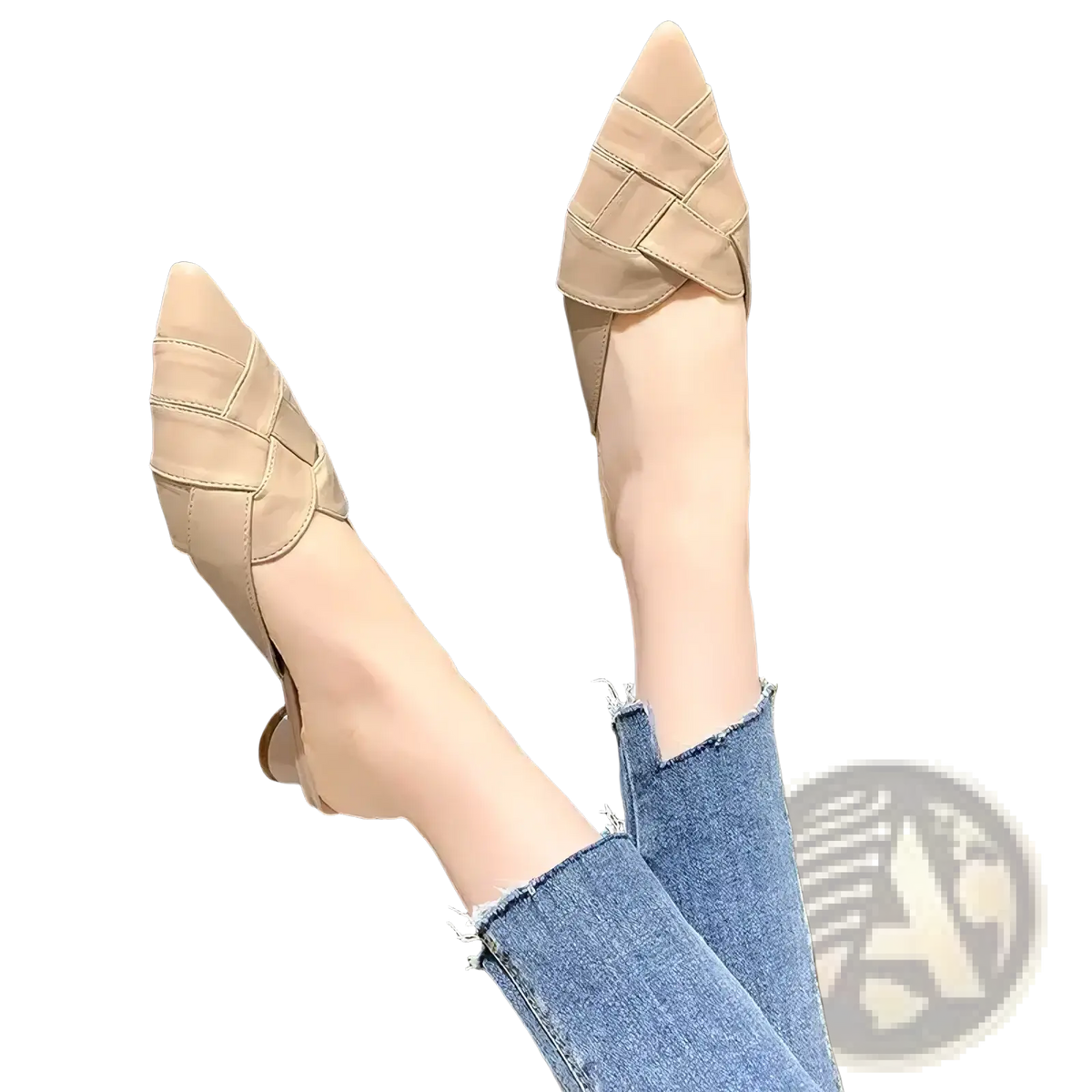 Beige woven leather pointed toe mules with woven strap and low heel for stylish casual wear