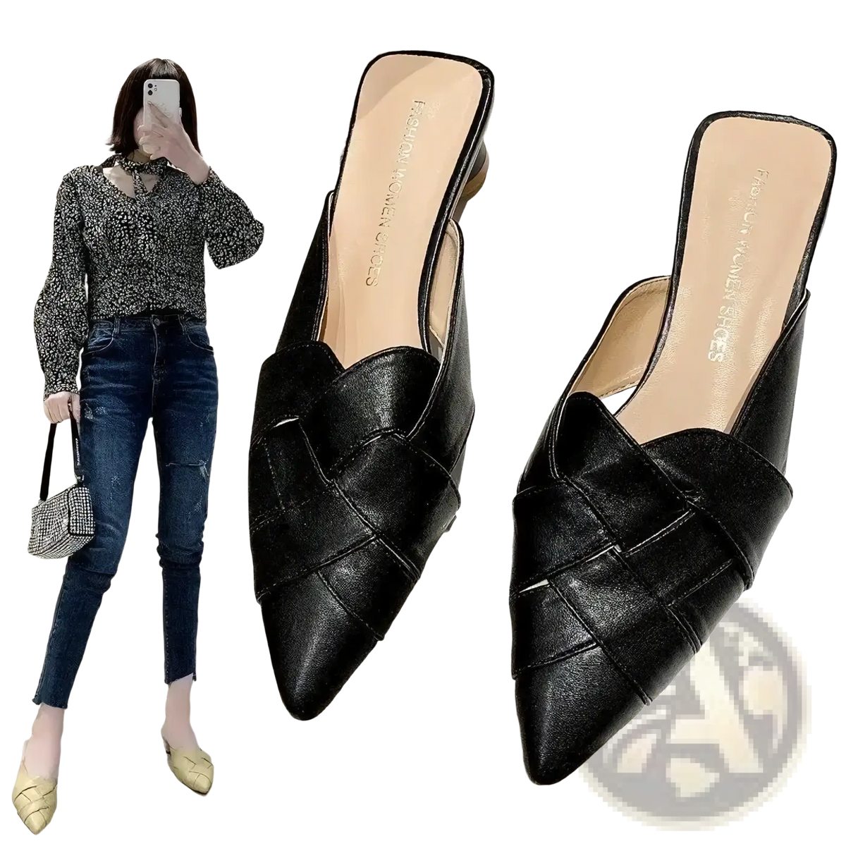 Black leather woven leather pointed toe mules featuring a knot design and a sleek pointed toe silhouette