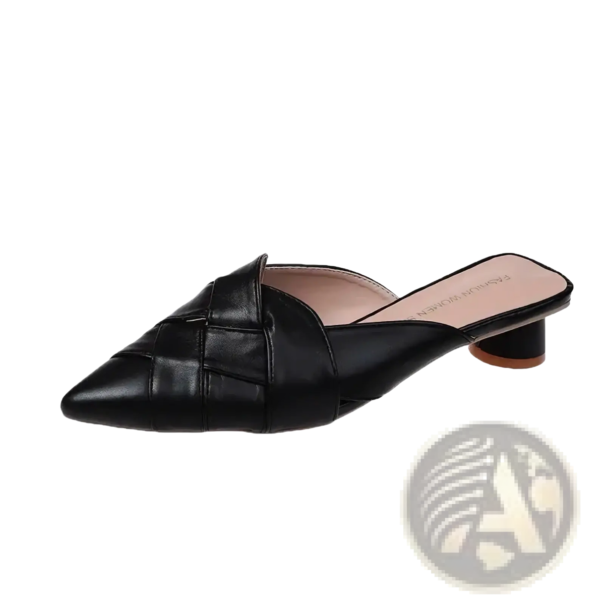 Black leather woven leather pointed toe mules with a low block heel and an intricate strap design