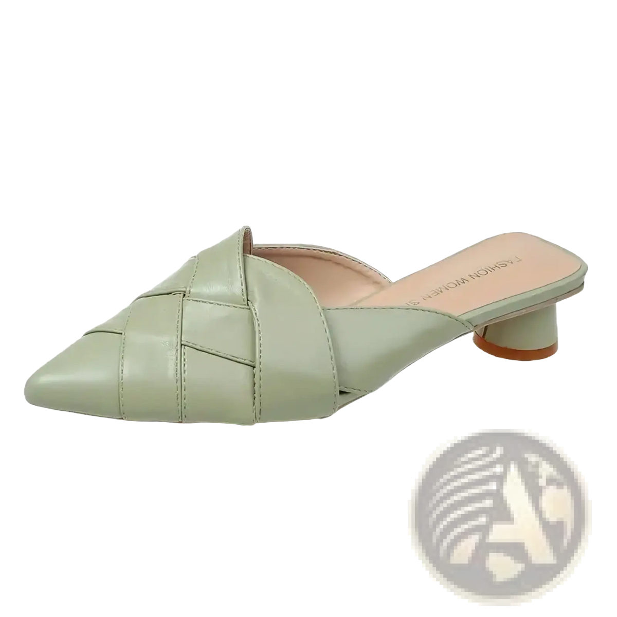 Mint green woven leather pointed toe mule with low block heel showcasing woven texture and elegant design