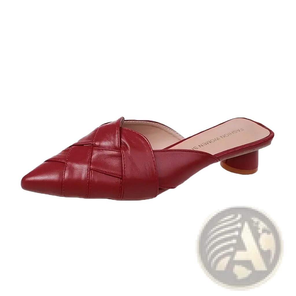 Red leather pointed toe mules with a woven strap design and low block heel for stylish comfort