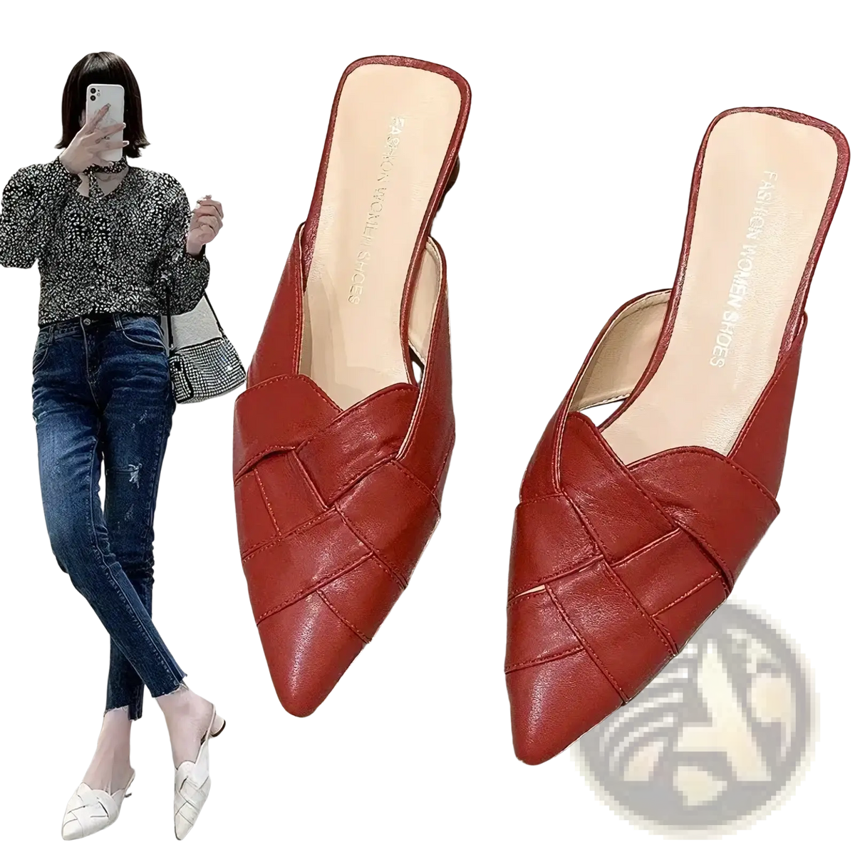 Red leather pointed toe mules featuring a woven strap design for stylish and comfortable wear
