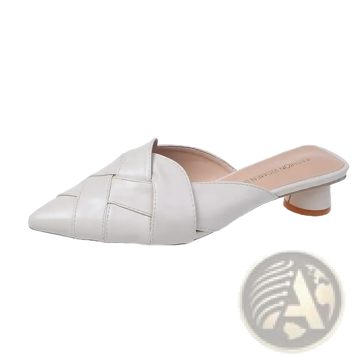 White leather pointed toe mule shoe with woven strap design and low block heel for stylish comfort