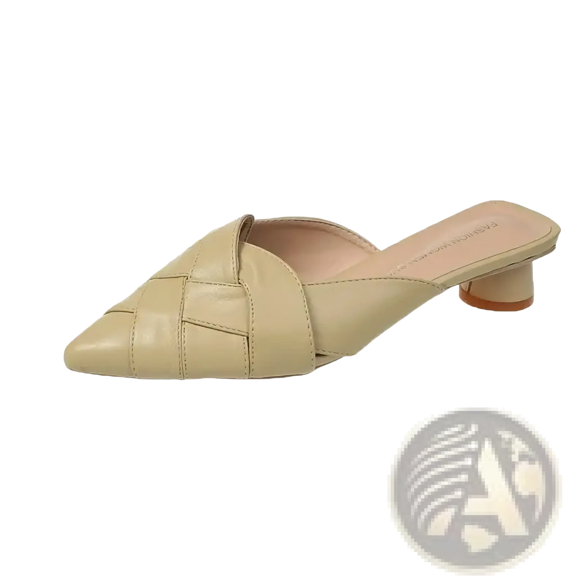 Beige leather mule shoe with woven strap design and low block heel in a pointed toe silhouette