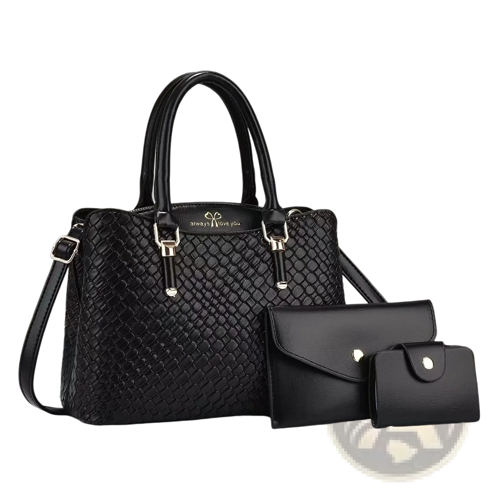 Black woven leather handbag with silver-tone hardware and always love you emblem from woven leather three piece handbag set with gold hardware