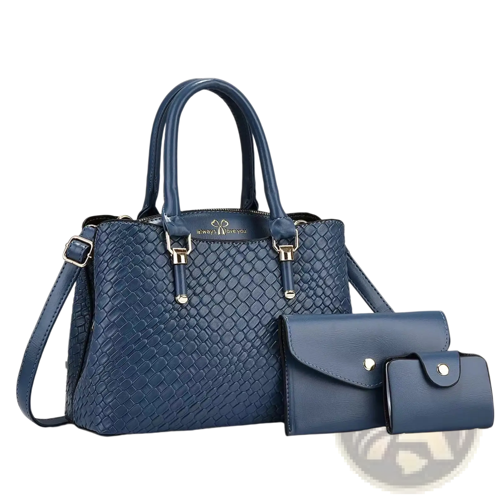 Deep navy blue woven leather handbag with textured pattern and gold hardware from three piece handbag set