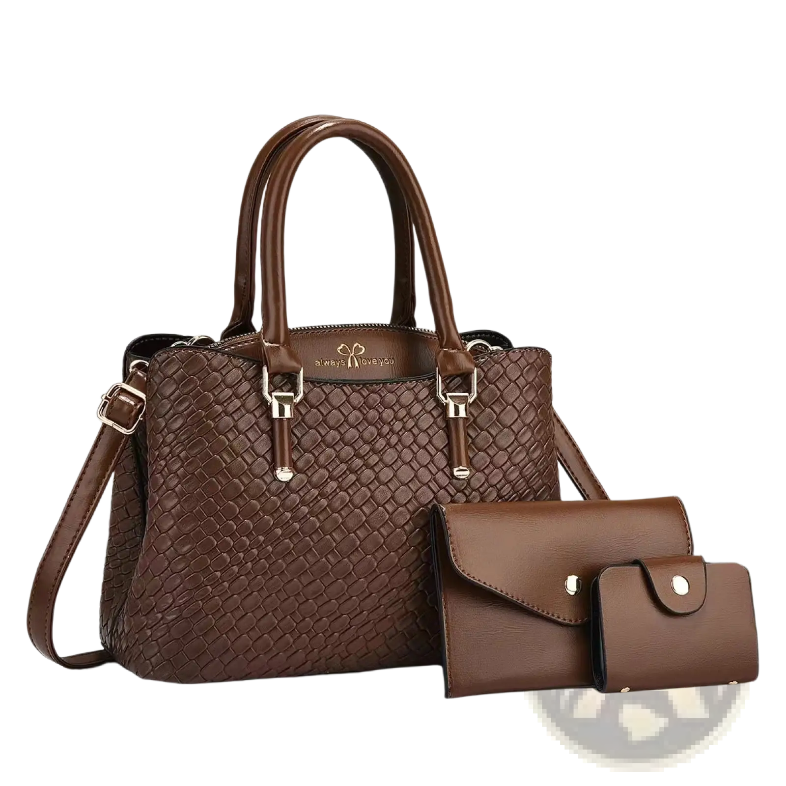 Brown woven leather three piece handbag set with gold-tone hardware including handbag clutch and wallet