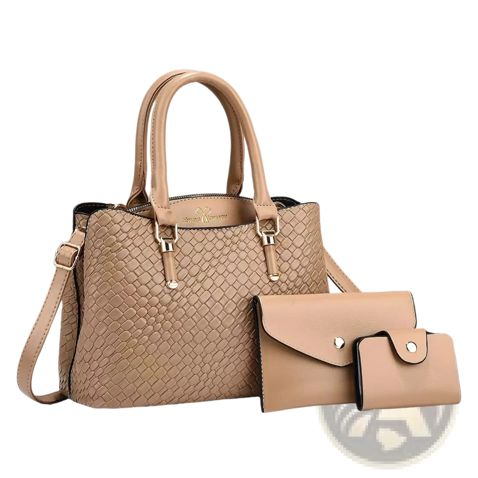 Beige woven leather three piece handbag set with gold hardware featuring a handbag and matching clutch