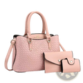 Pink woven leather three piece handbag set with textured finish gold hardware matching wallet and clutch