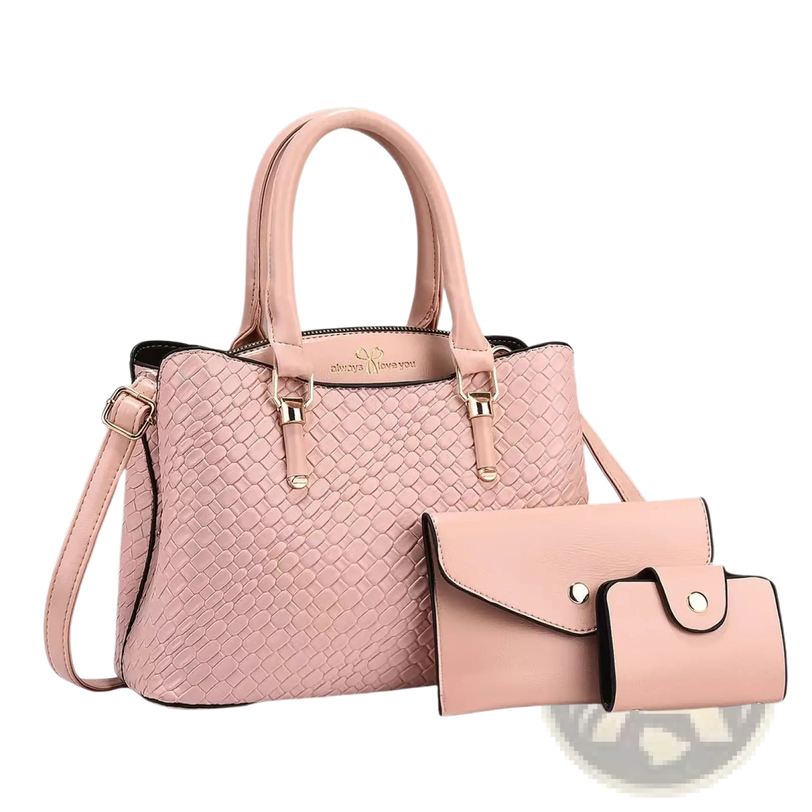 Pink woven leather three piece handbag set with textured finish gold hardware matching wallet and clutch