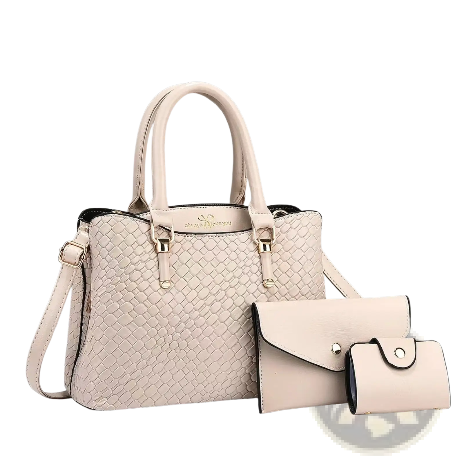 Beige woven leather three piece handbag set featuring textured finish gold-tone hardware clutch and wallet