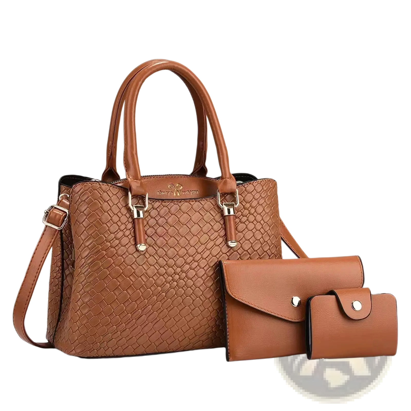 Brown woven leather handbag set featuring a matching clutch and wallet with gold hardware accents