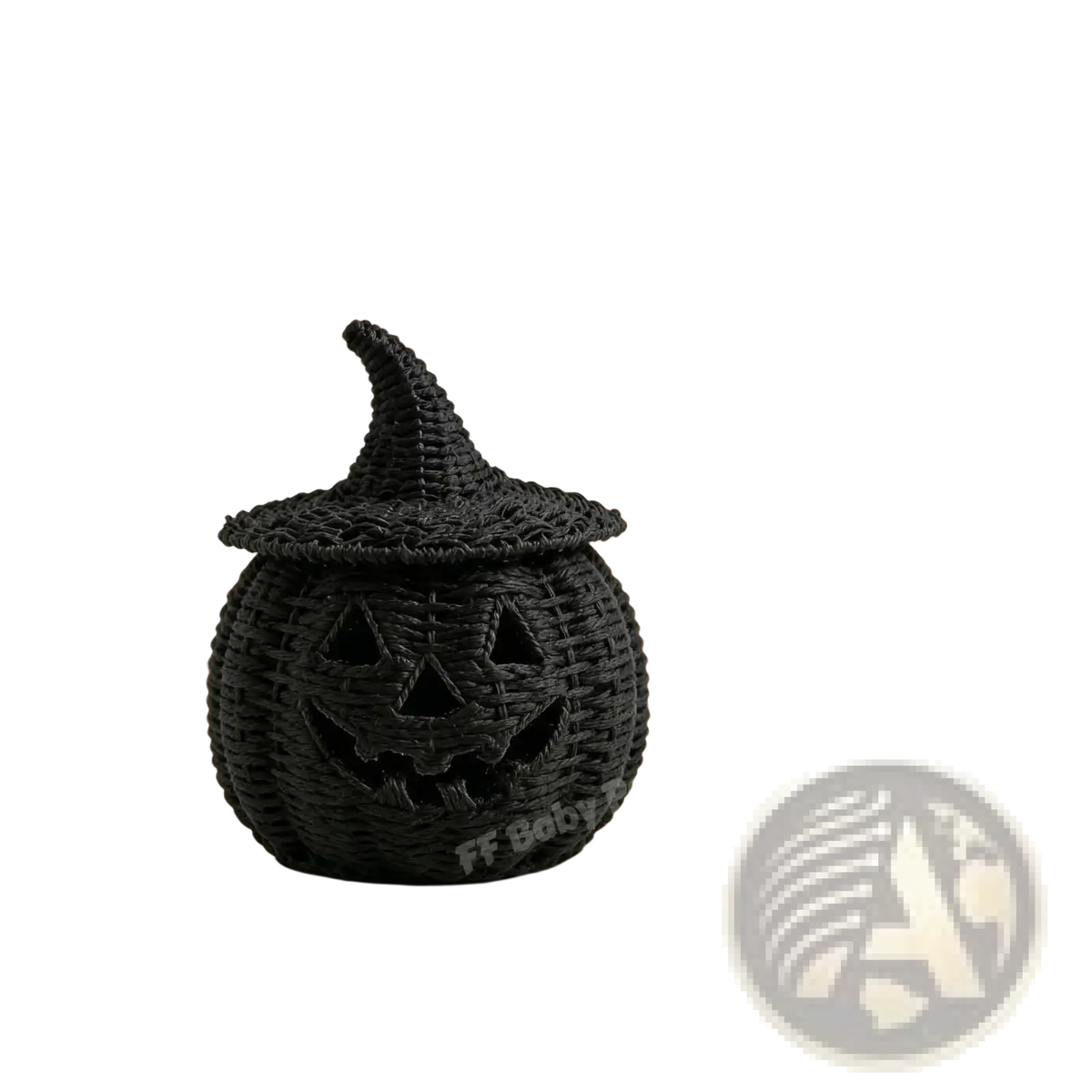 Black woven pumpkin lantern featuring a witch hat design serving as a decorative storage basket