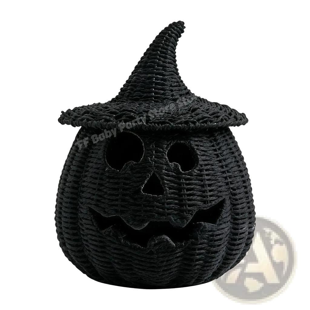 Woven pumpkin lantern with carved facial features and black woven witch hat for halloween decoration