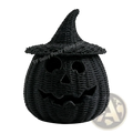 Woven pumpkin lantern with carved facial features and black woven witch hat for halloween decoration