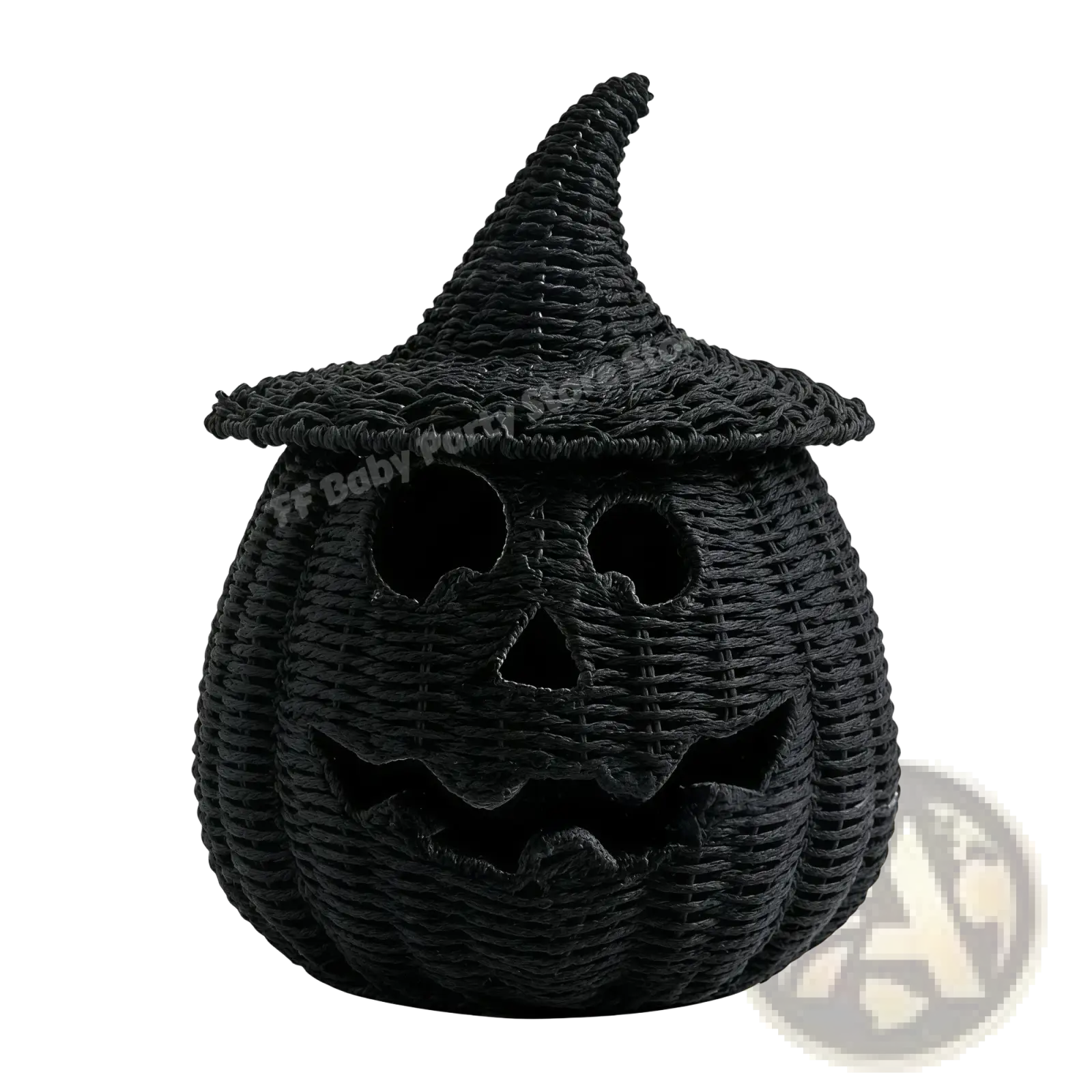 Woven pumpkin lantern with carved facial features and black woven witch hat for halloween decoration