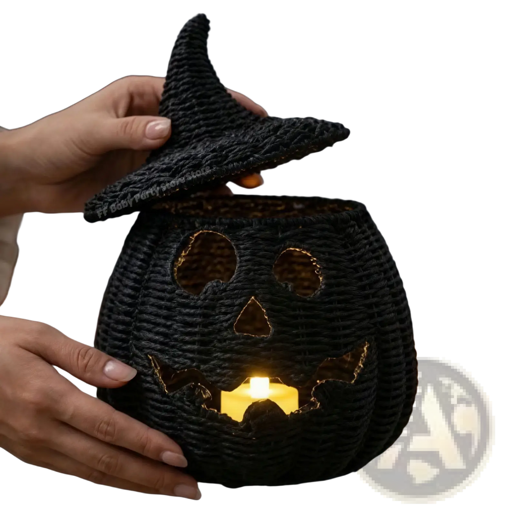 Black woven pumpkin lantern with witch hat lid featuring carved face and candle illumination for Halloween decor