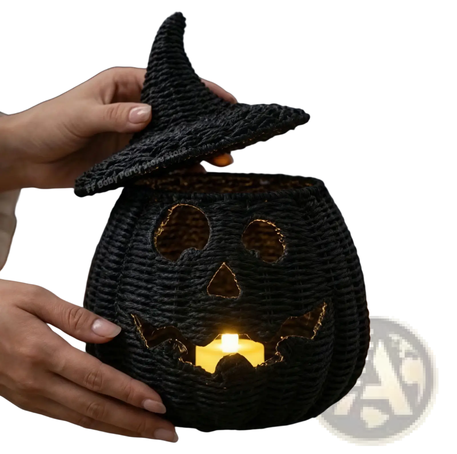 Black woven pumpkin lantern with witch hat lid featuring carved face and candle illumination for Halloween decor