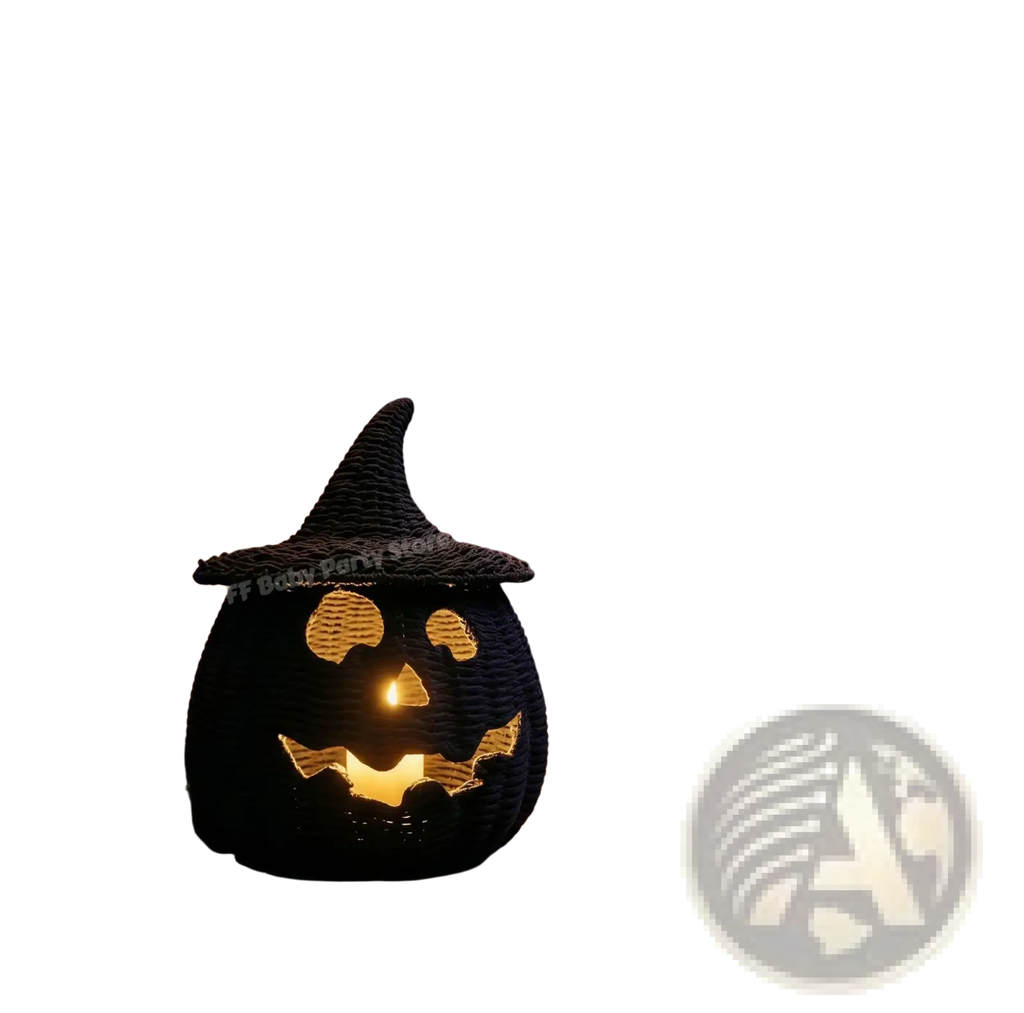 Black woven pumpkin lantern with witch hat featuring a glowing orange interior light for halloween decor