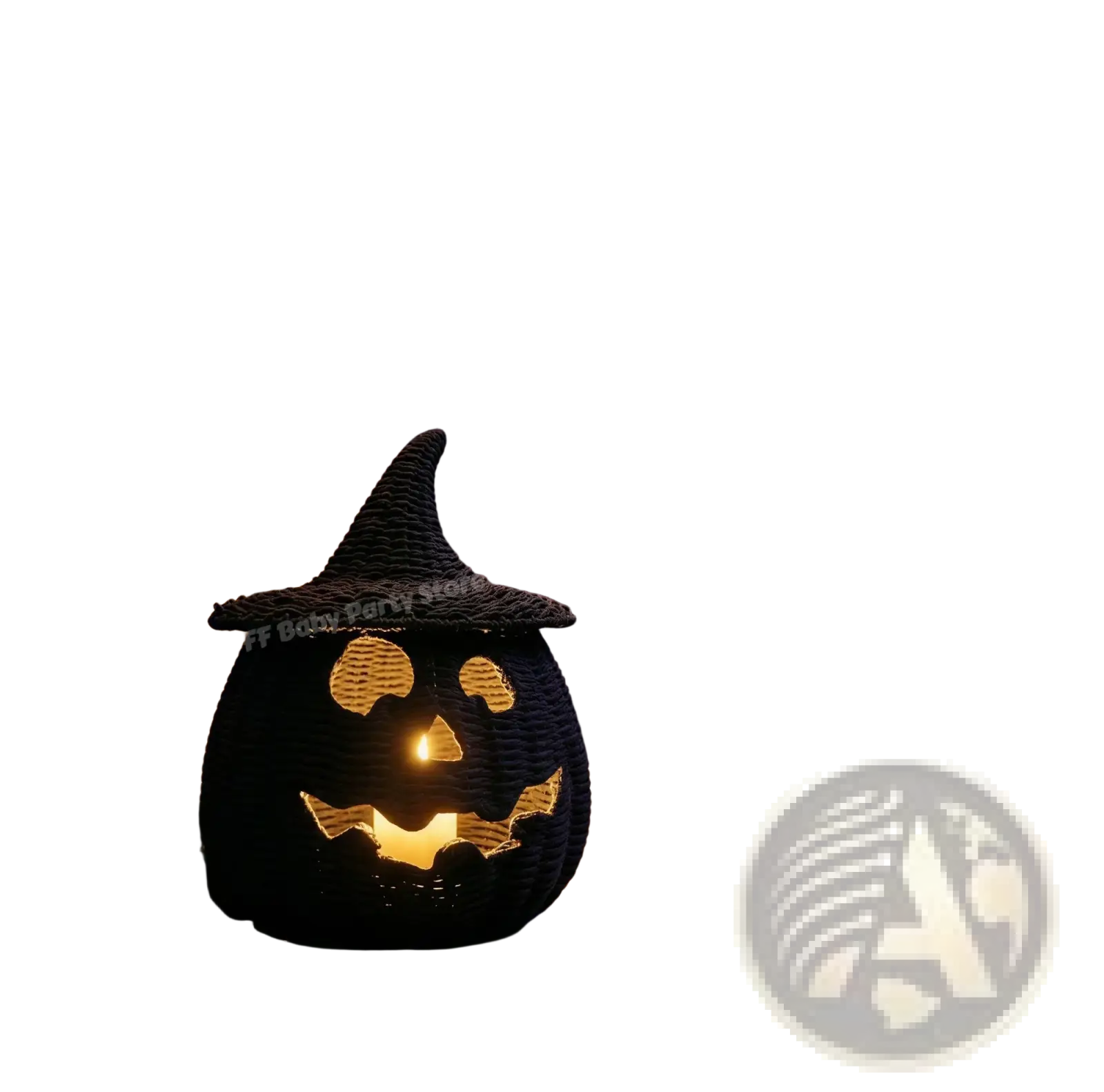 Black woven pumpkin lantern with witch hat featuring a glowing orange interior light for halloween decor