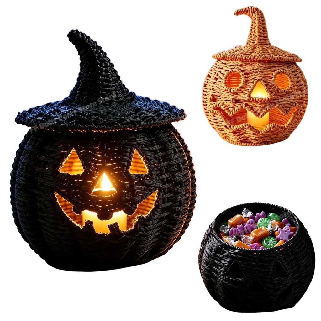 Black woven pumpkin lantern with glowing orange light and witch hat featuring a detailed woven design