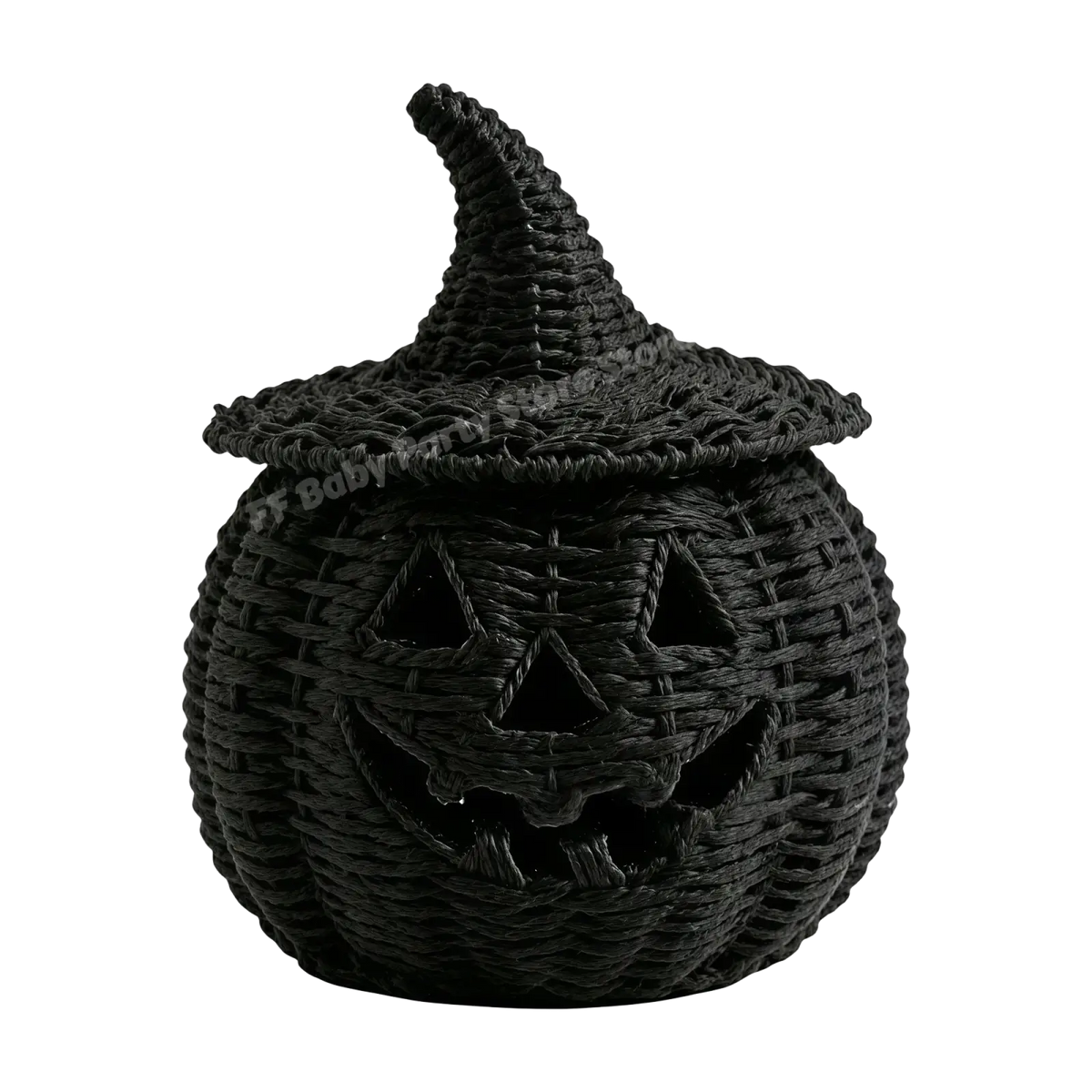 Black woven pumpkin lantern storage basket with carved jack-o-lantern face and witch hat detail