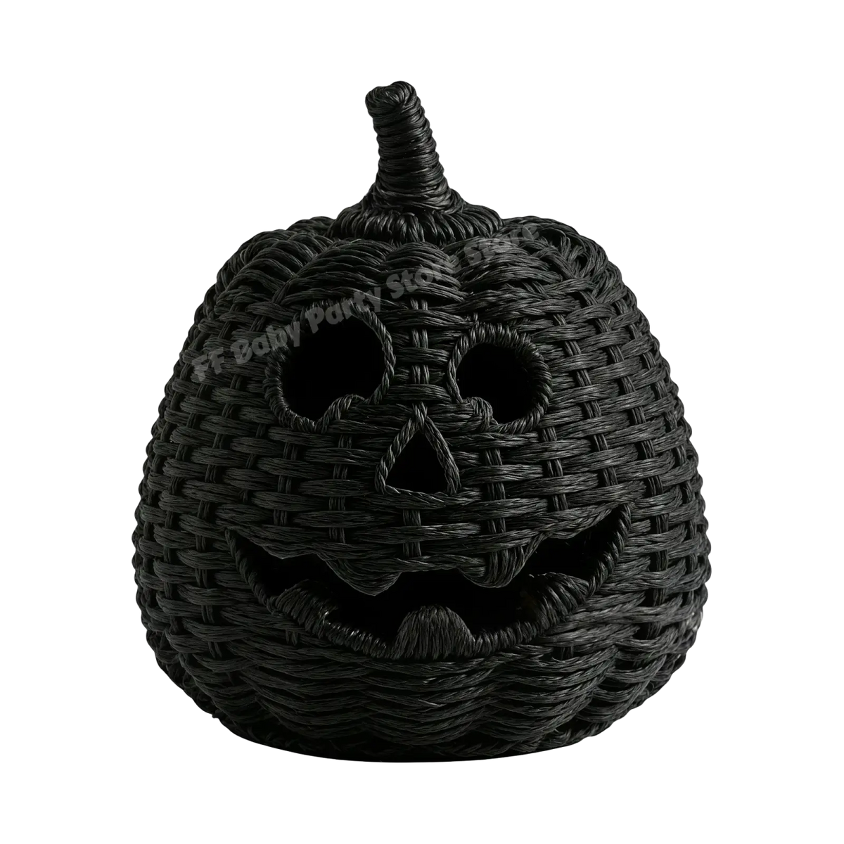 Black woven pumpkin lantern with carved face and twisted stem featuring a witch hat for festive storage