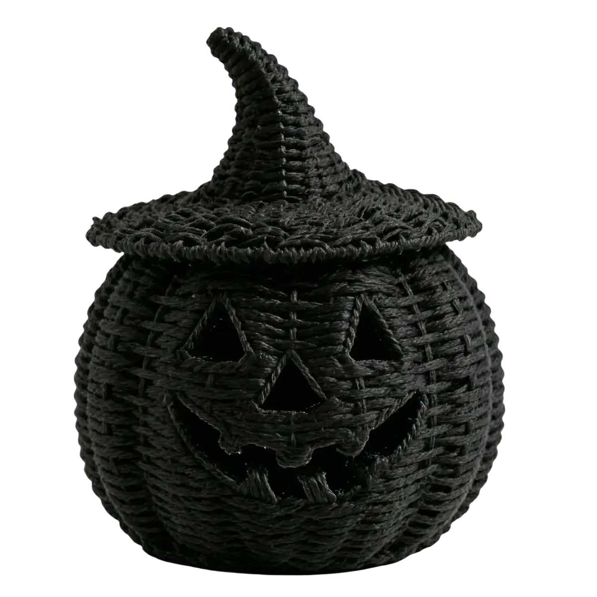 Black woven pumpkin lantern with witch hat lid and carved jack-o-lantern face for festive storage decor