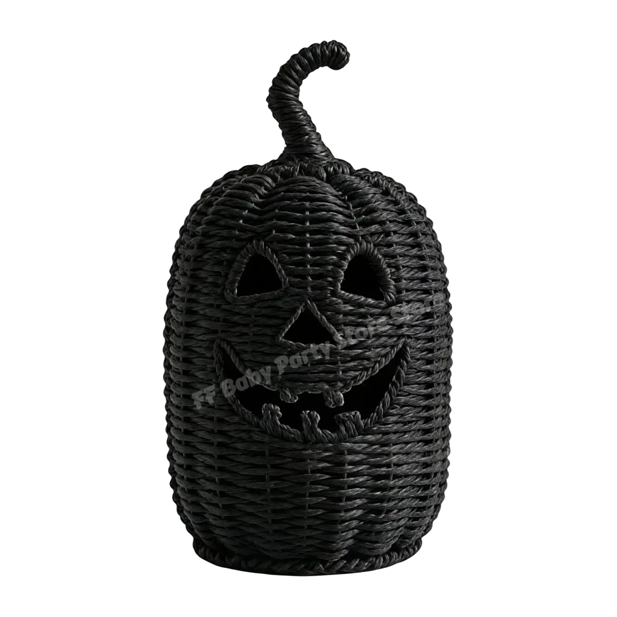 Black woven pumpkin lantern with carved face and twisted stem featuring a witch hat for seasonal decor