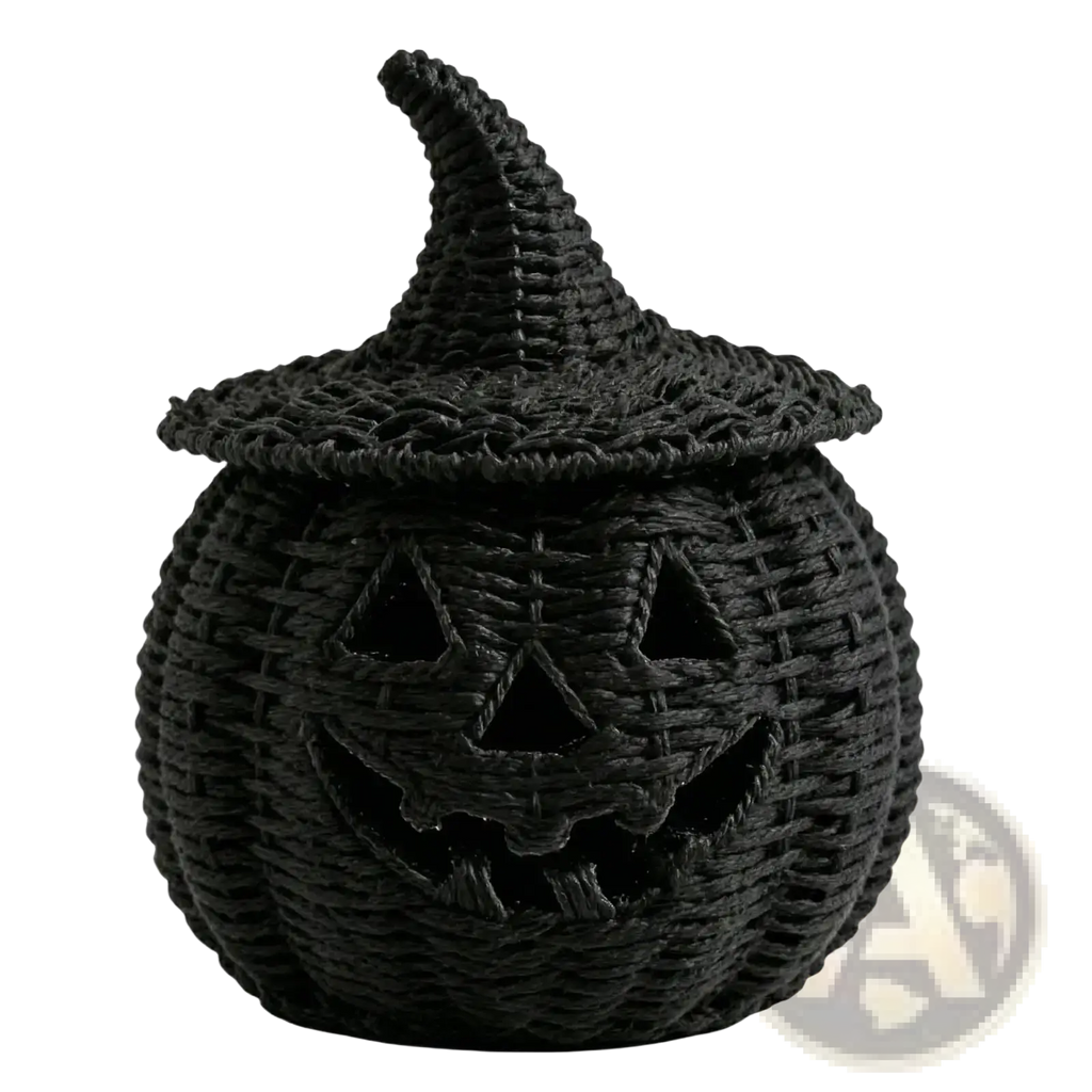 Black woven pumpkin lantern with witch hat lid and carved jack-o-lantern face for festive storage decor