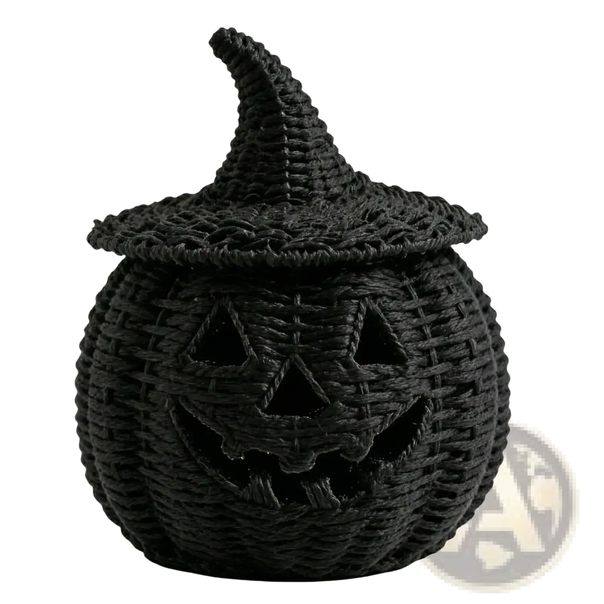Black woven pumpkin lantern with witch hat lid and carved jack-o-lantern face for festive storage decor