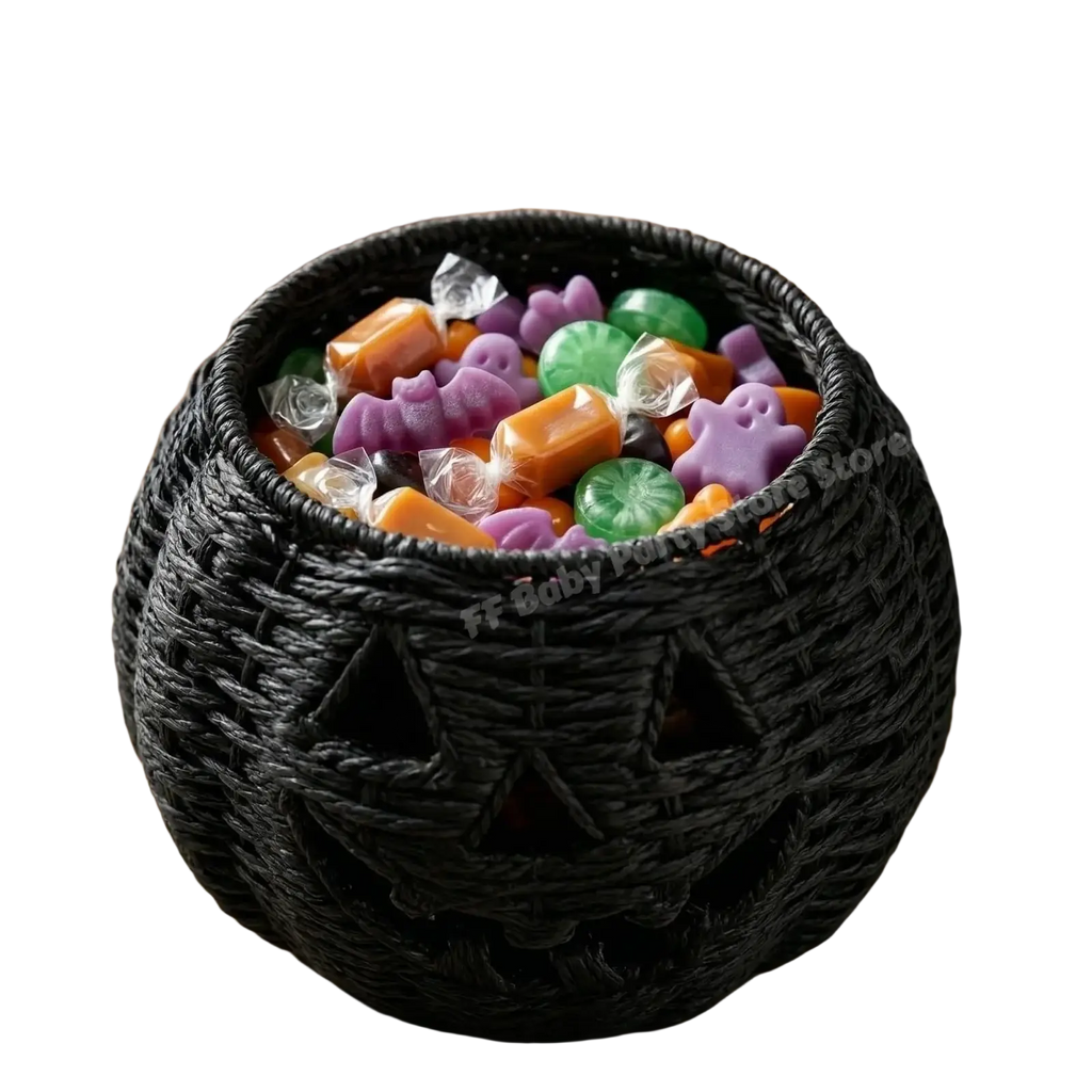Woven pumpkin lantern featuring a black woven witch hat candy bowl filled with colorful Halloween candies