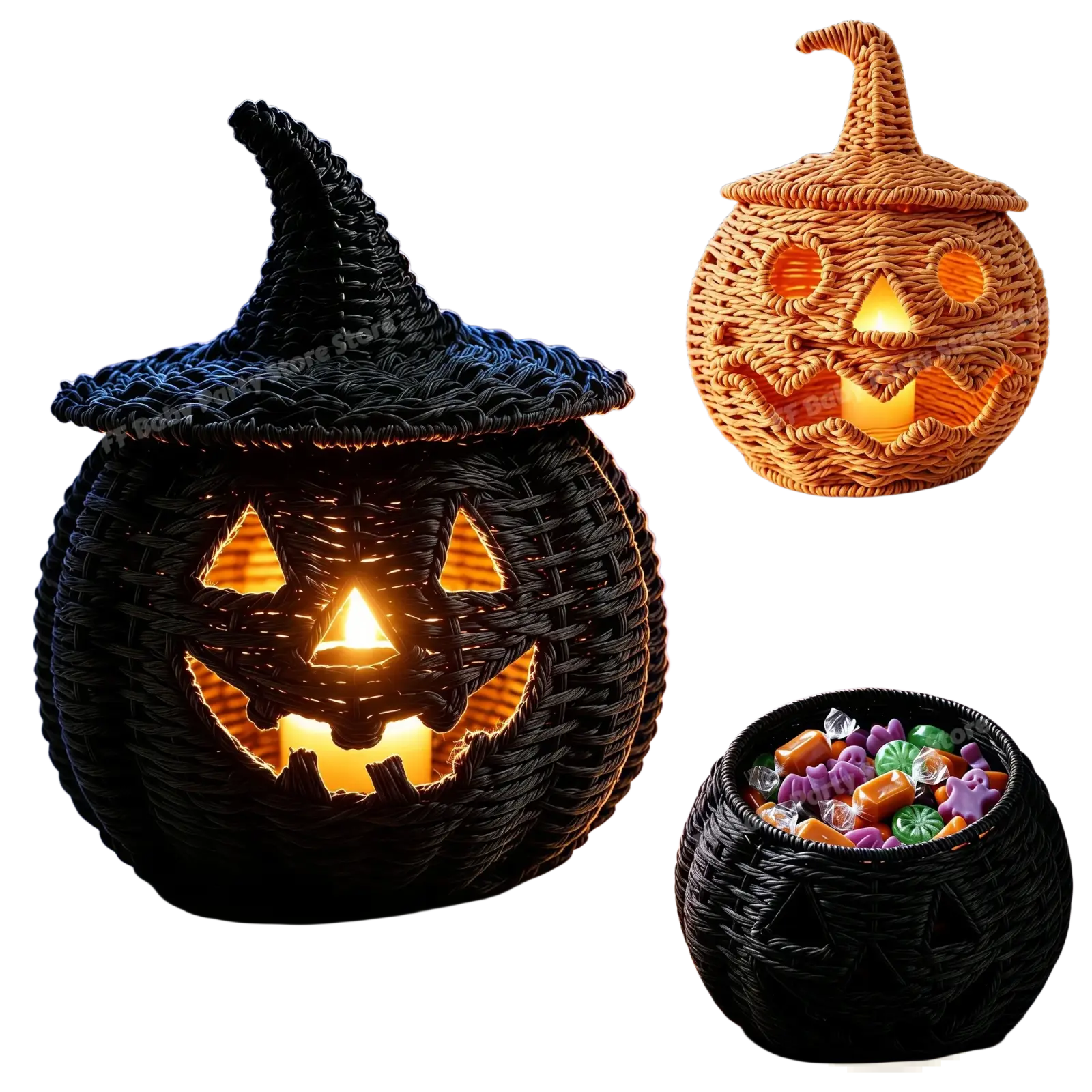 Black woven pumpkin lantern with glowing orange light and witch hat featuring a detailed woven design