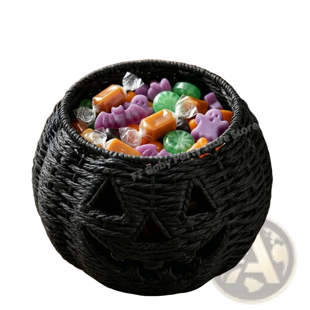 Woven pumpkin lantern featuring a black woven witch hat candy bowl filled with colorful Halloween candies