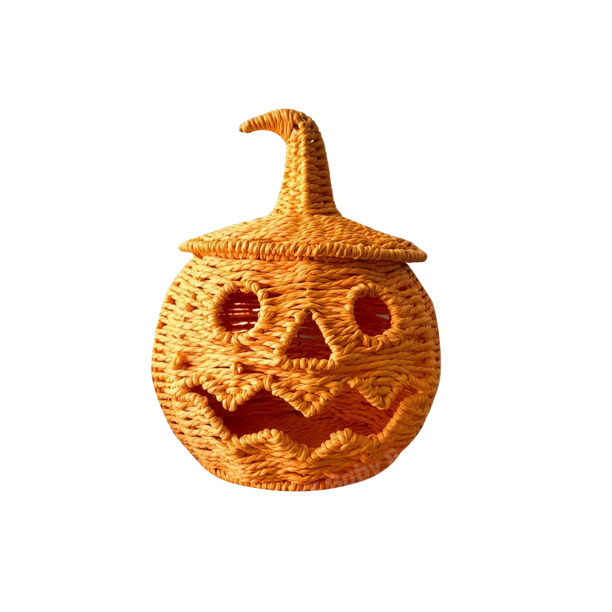 Woven orange pumpkin lantern storage basket with pointed top and carved facial features in a witch hat design