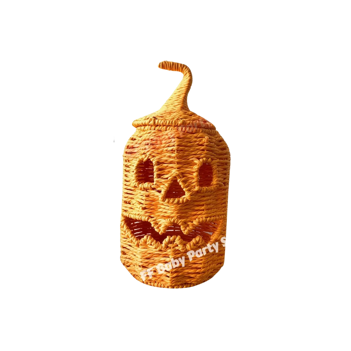 Woven orange pumpkin lantern with carved face and stem featuring a witch hat for festive decoration
