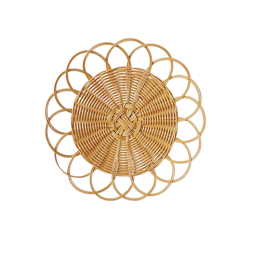 Woven rattan flower wall hanging decor featuring a circular light brown placemat with floral petal design edges