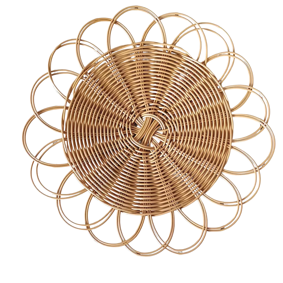 A circular light brown woven rattan flower wall hanging decor with a sunburst design for home decoration